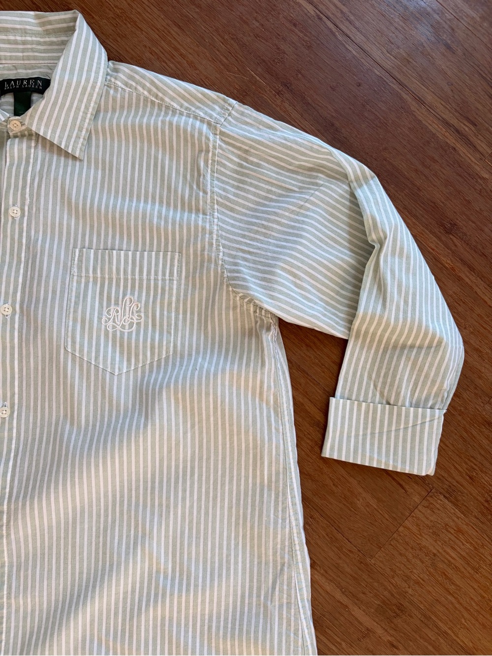 Ralph Lauren Green Label, Green/white striped Cotton Sleep Shirt, Sz M - Picture 3 of 7